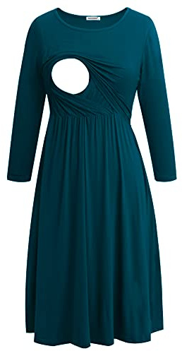 Smallshow Nursing Dresses 3/4 Sleeve Maternity Breastfeeding Dress for Women Teal M