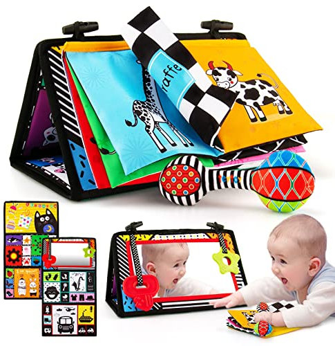 teytoy 3-in-1 Bauchzeit-Spiegel-Spielzeug mit weichem Crinkle 3D-Aktivitätsbuch, Beißringe, Rassel, kontrastreiches Schwarz-Weiß-Montessori-Baby-Krabbelspielzeug, neugeborenes sensorisches Spielzeug