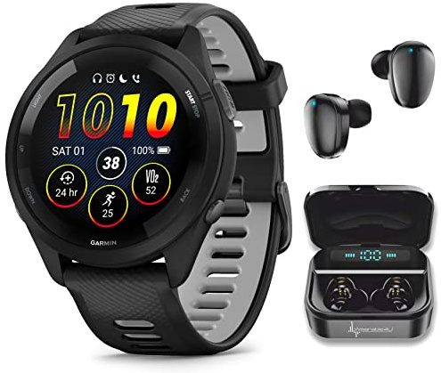 Wearable4U Garmin Forerunner 265 Music GPS Running 46 mm Smartwatch, Black with AMOLED 1.3 in Touchscreen Display Black Earbuds Bundle