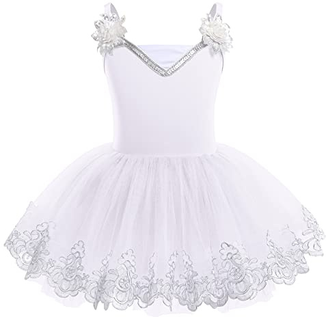 IBTOM CASTLE Vestido de Ballet para Niñas Pequeña Correa de Cisne Tutu Faldas Disfraz Bailarina Maillot de Danza con Pedrería Maillot Gimnasia Ritmica Niña Blanco 01 7-8 Años