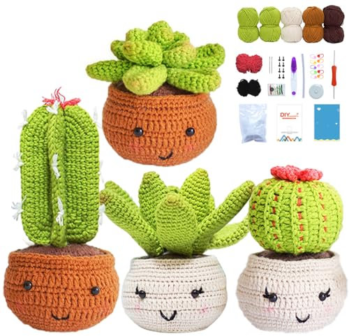 ODIWEN Häkelpaket für Anfänger, Kaktus Häkelset, Häkelset für Anfänger, mit Schritt für Schritt Video Anleitungen, Häckeln Stricken für Anfänger Set, Häkel Strick Kit für Anfänger und Erwachsene