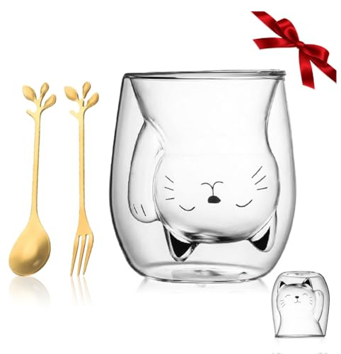 Yuragim Gåvor till dam kawaii kattmugg kaffekopp dubbelvägg glas 280 ml kaffemugg original julklapp till flicka fru mamma barnbarn gudmor flickvän barn, alla hjärtans dag, födelsedag