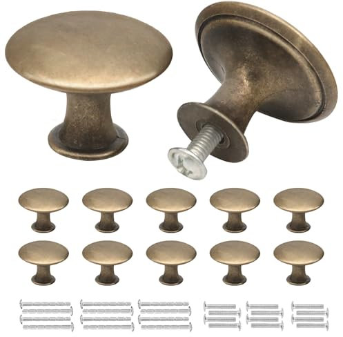 Misuyue 10pc Drawer Knobs Vintage, Cupboard Handles Knob Round Bronze, Antique Brass Door Knob, 30mm Small Door Chic Cabinet Knobs for Wardrobes, Kitchen, Furniture