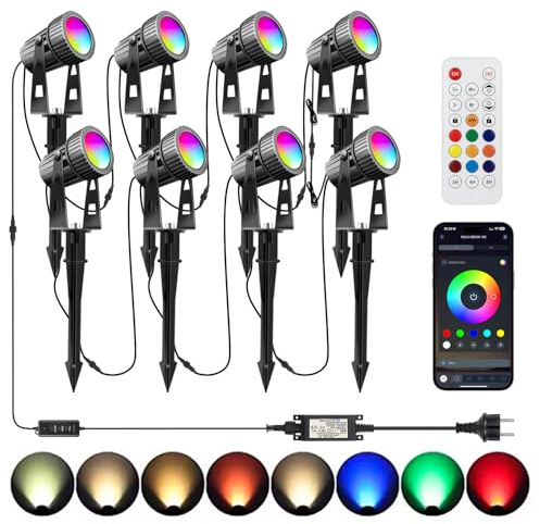 Lam(MS)pen 8 focos LED de jardín RGBW con temporizador Bluetooth APP, luz LED de jardín RGB+blanco cálido LED de iluminación de jardín con clavija de tierra IP65 impermeable 24V para jardín exterior