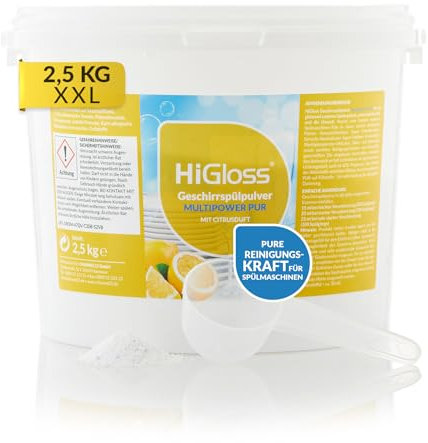 HiGloss Geschirrspülpulver Multi-Power Citrus 2,5 kg – Hochkonzentriertes Spülmaschinenpulver für bis zu 200 Spülgänge, mit starker Reinigungskraft, Klarspüleigenschaften & frischem Zitronenduft