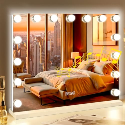 FENCHILIN Specchio Hollywood – Specchio per Trucco con Bluetooth e Illuminazione RGB, 15 Luci LED, Vetro Temperato HD, 3 Tonalità di Luce, Ingrandimento 10x – 58 x 46 cm