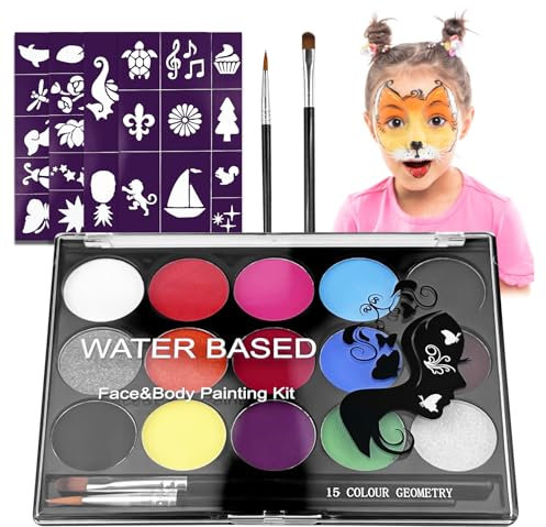 Lectorias kinderschminke set, 15 bodypainting farben, Gesichtsfarben Körperfarbe mit 2 Pinsel und 40 Schablonen für Karneval Make-up Fasching, Waschbar face paint kinderschminken Bodypaint Schminkset