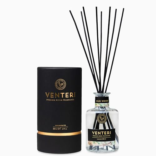 Venteri Oud Wood Raumduft 200ml, Natürlich Duftender Raumduft Diffuser mit 8 Duftstäbchen in Einer Hochwertigen Flasche mit Raumduft Vanille, Rose, Oud, Safran, Jasmin, Guajakholz und Patschuli Duft