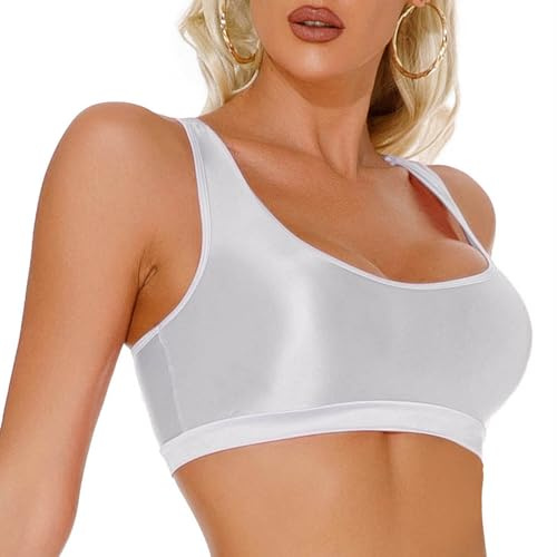 Women Metallic Crop Tank Top Shiny Shimmery Crop Top Stretch Glossy Sleeveless Cropped Top Silk Soft Breathable Crop Tank White