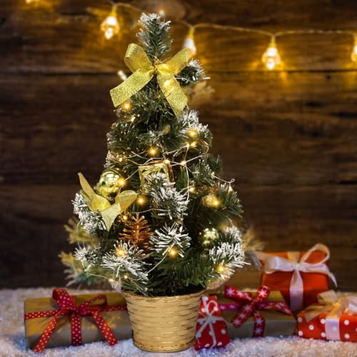 Mini julgran, liten julgran, konstgjord julgran, 40 cm LED julgransbelysning, julgransträd med julgranskulor, grankottar, rosetter, jul, dekoration, hem, kontor, bordsdekoration (guld)