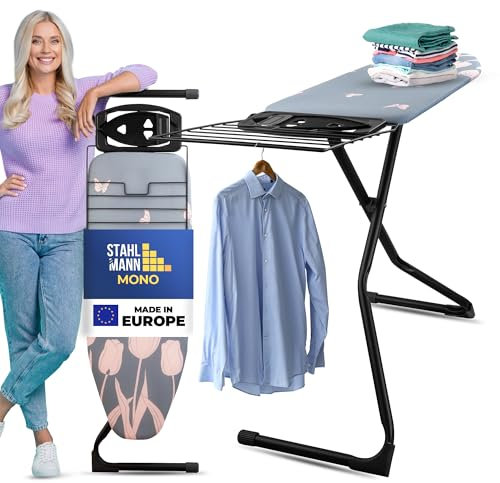 NUR FÜR Kurze Zeit! STAHLMANN ® großes Bügelbrett [120x38 Bügelfläche] mit Kleidungsplatte – robuster Bügeltisch – extra stabiles Bügelbrett [Made IN EU] – Tischbügelbrett