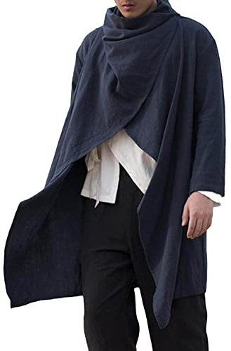 Caxndycing Poncho in Lana di Alpaca Uomo Cotone Lino Giacca da Uomo Poncho di Lana Messicano Invernale Cowboy Hippie Giacche Giacca di Transizione Asimmetrica a Capo, Blu, 3XL