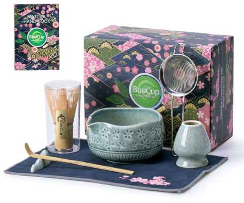 Buucup Matcha Whisk Set, Ceramic Matcha Kit Includes Matcha Bowl, Matcha Whisk and Holder, Bamboo Scoop, Scoop Rest, Sifter and Tea Towel - 7 Pcs Matcha Kit for Matcha Lovers (Blue)
