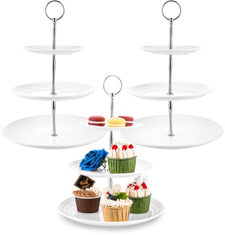 WOPPLXY Lot de 3 Presentoir a Gateau 3 Étages Réutilisable, Presentoir Gateau Mariage en Plastique pour Cupcakes, Gâteaux, Fruits, Biscuits (Blanc)