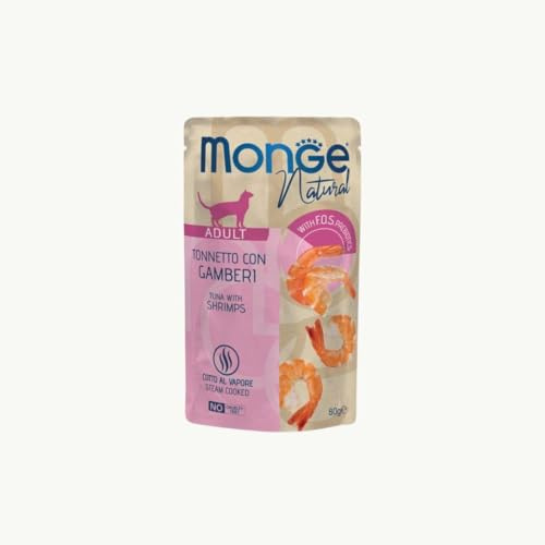 Monge Natural Bustine gatto, alimento completo per gatti, monge umido gatto gusto TONNO con GAMBERI | 12 bustine da 80 grammi l’una.