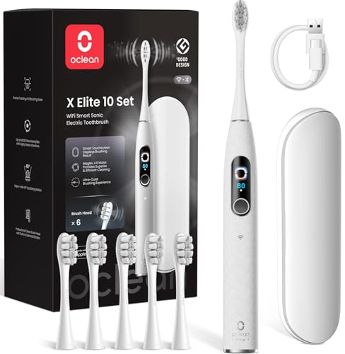 Oclean elektrische Zahnbürste X Elite 10 Set, 5 Putzmodi Schallzahnbürste mit Timer, 12 Bereichsverfolgung, Reisezahnbürste mit Reiseetui,Sonic Electric Toothbrush mit 6 Bürstenköpfe, 45dB, Grau