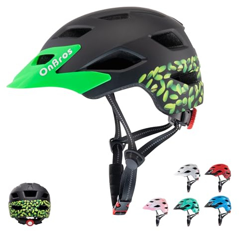 Kids Bike Helmet, OnBros Kid Helmets For Ages 5-8-11-14 Years Boys and Girls, Bicycle Helmets Kids With Visor Adjustable, Bicycle Scooter Skating Cycle Helmet (Black Pistachio-matte)