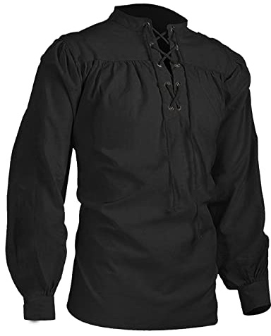 Herr vintage Henley-skjorta – medeltida stil långärmad bomullstopp, etnisk retro kostym skjorta, ledig tröja med huva för män, lös passform lätt tunika blus för höst och vinter