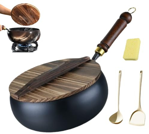 Padella in Ferro Cinese, Padella in Ferro Forgiato, 20/24/26/28/30 cm Pentola di Ferros non Rivestita Forgiata a Mano Coperchio in Legno, per Fornelli a Gas e Induzione (Coperchio in legno, 20cm)