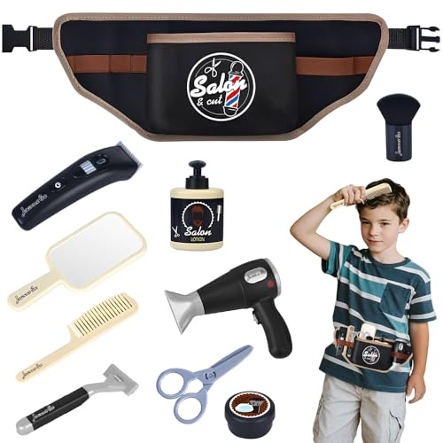 Pengrity 10 Piezas Juego de Peluquería para Niños, Moda Salón Kit Peluqueria con Cortadora de Pelo, Secador, Maquinilla de Afeitar, Riñonera, Cepillo, Juego de rol para Niños 3+ Años