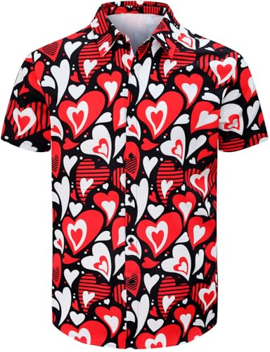 COSAVOROCK Valentines Shirt Men Love Heart Valentine's Day Hawaiian Shirts, Heart, XXL