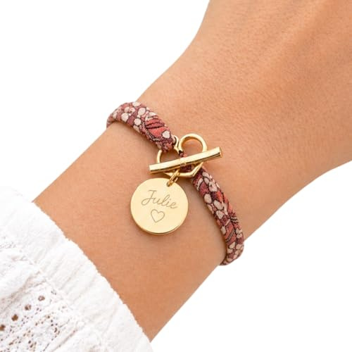creabibenval Bracelet Liberty avec Fermoir T forme coeur Doré ou Argenté Médaille Gravée – Cadeau Marraine Baptême, Naissance
