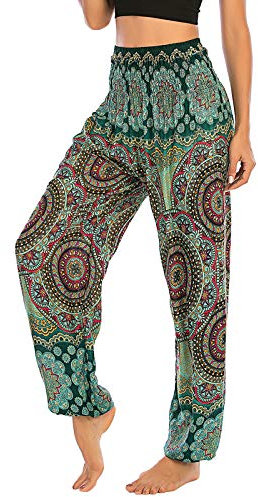 Nuofengkudu Damen Hippie Pumphosen mit Taschen Muster High Waist Haremshose Boho Luftige Bequeme Luftige Sommer Thai Hosen Yogahose Strandhosen Festlich(X-Blume Grün)
