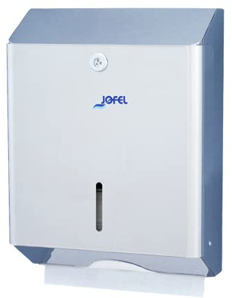 Jofel - Dispensador de Papel de Manos, Toallas Faciales, Dispensador de Papel Secamanos de Pared, hasta 600 Toallitas Zig-Zag, Antivandálico, Carcasa Inoxidable, Clásica AH12200, INOX Brillo