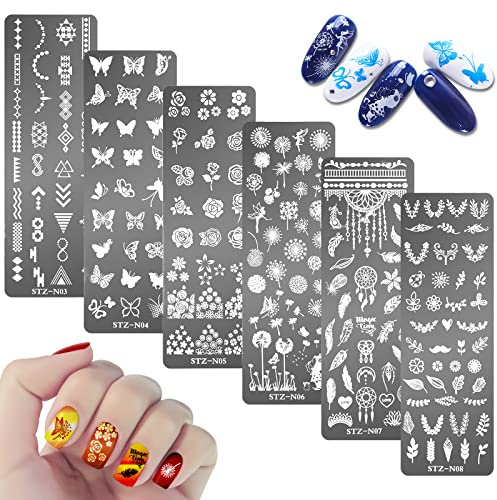 MWOOT 6Pcs Nail Art Stamping Plates Set,Flower Leaf Butterflies Feathers Nail Stencils Plates Manicure Print Tool,Nail Plates Image Stamp Templates for Women Nail Art Decoration