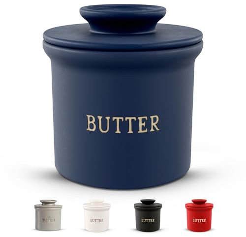 KooK Beurrier français en céramique à laisser sur le comptoir avec ligne d'eau, beurre doux à tartiner, décoration d'intérieur et de cuisine, parfait pour (bleu marine)