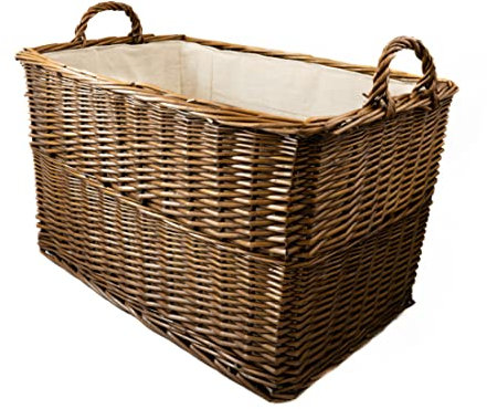 Arthur Cameron Wicker Log Basket with Lining and Handles (68x46x42cm) Large Sturdy Storage Basket perfect for Toys, blankets, hallway, garage, living room, bedroom or office