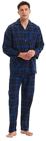 GLOBAL Mens Pyjama Sets | 100% Cotton Soft Flannel Pjs | Long-Sleeve Top Elastic and Drawstring Bottoms Blue/Black,Plaid L