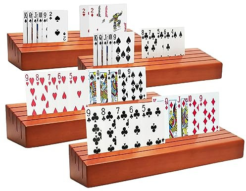 Wooden Playing Card Holders for Seniors, 4 Pack Card Holder Trays for Playing Cards, 10 Hands-Free Card Holders with 4 Slots for Adults, Kids, Arthritis Hands, Bridge, Poker, Canasta, Game Night