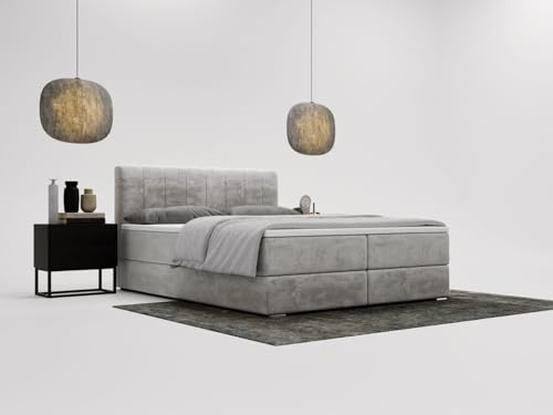 GRAINGOLD Lit Forte 160x200, Boxspring avec Coffre de Rangement, Rembourré avec Matelas à Ressorts Bonell, Lit Double, Tissu en Velours, avec Surmatelas, avec Tête de Lit (Gris Clair, 160x200)