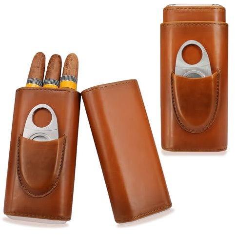 Portasigari, Porta Sigari in Pelle, Custodia per Sigari con Tagliasigari, Humidor per 3 Sigari, Foderata in Legno di Cedro, Portatile Portasigari da viaggio, Adatto da portare fuori, Regalo per Papà