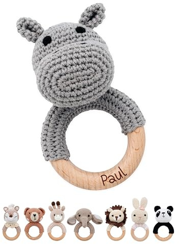 Bärenfreunde® - Mordedor personalizado para bebés a partir de 0 meses - Sonajero con nombre como regalo para niñas y niños (hipopótamo, sin nombre)