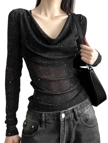 EMOTTOS Women's Sexy Mesh Tops, Slim Fit Sequin Stamping Sheer Mesh Long Sleeve, Strapless Swing Neck See Through Shirts for Women, Female Sexy Clubwear Top(Black/White, S-XL)