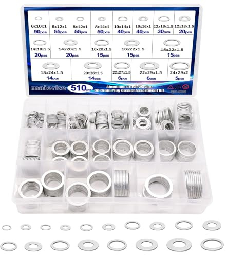 maierke 510PCS Crush Washer Oil Drain Plug,18 Sizes Aluminum Oil Drain Plug Gasket Assortment,Automotive Engine Crush Washers (M6 M8 M10 M12 M14 M16 M18 M20 M22 M24)