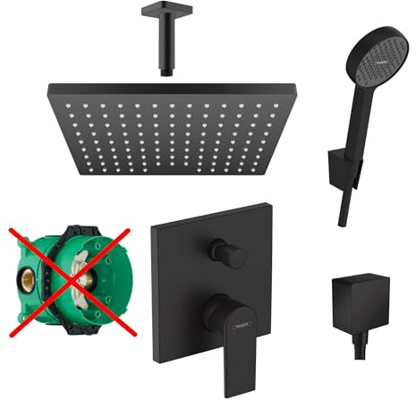 Hansgrohe Duschsystem mit Unterputz Duscharmatur von Hansgrohe Regendusche mit Armatur, Duschkopf eckig, Deckenarm Dusch-SET HGSK02-ob schwarz matt
