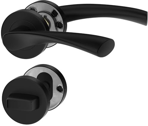 ERGO line ROMA Poignée de porte d'intérieur, noire, pour les portes de salle de bains, paire de poignées de porte sur rosaces rondes, noire mate, acier inoxydable, poignée