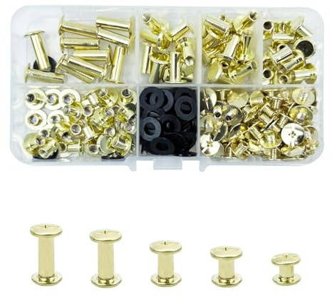 KUKUJIWA 80 Set Rivetti a Vite,Vite di Rilegatura Rivetti,M5*5/8/10/12/15 mm Viti Testa Tonda Croce Chicago per Rilegatura,Viti Chicago di ricambio in Metallo per Borse, Libri,chiodi (Oro)