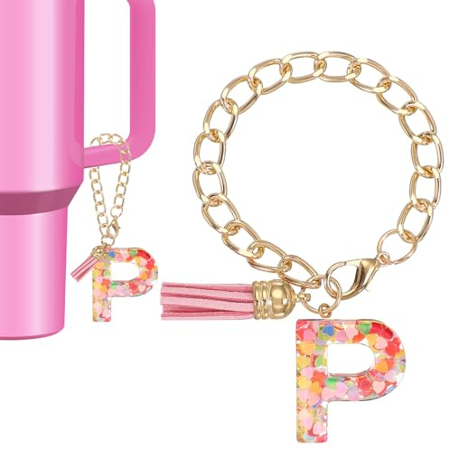 PATIKIL Bokstavsberlock för Stanley Cup, söt initial P berlock tillbehör för Stanley tumbler handtag nyckelring personlig charm för kvinnor, rosa