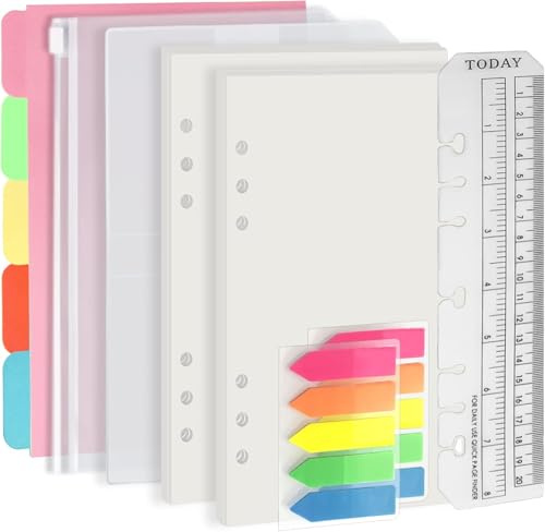 Harphia Juego de relleno de 6 agujeros A5, 90 hojas de papel con pegatinas y separadores, hojas de planificación con bolsillos para cuaderno recargable A5, en blanco