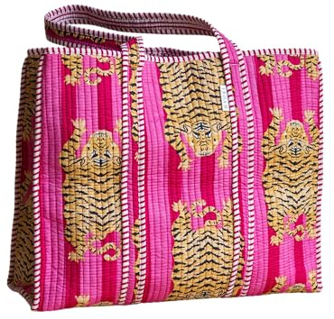 IBOAH Borsa a Mano Grande Trapuntata Artigianale in Cotone con Stampa Tigri e Dettagli a Righe – Tote Bag Versatile per Spiaggia, Shopping, Viaggi, Aereo e Uso Quotidiano (Rosa Tigri)