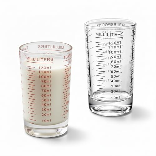 2er Set Glas Messbecher mit Skala, 120 ml Mini Messgläser für Espresso, Cocktails, Kaffee, Spirituosen, Bar und Küche, Rot und Schwarz
