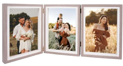 Triple Bisagra Marcos de Fotos 13 x 18 cm, Portafotos Múltiple Plegable | 7 x 5 in Marco 3 Fotos, para Retrato Marco Decoración Hogareña Familia Amigo Regalo Escritorio Decorar (Gris)