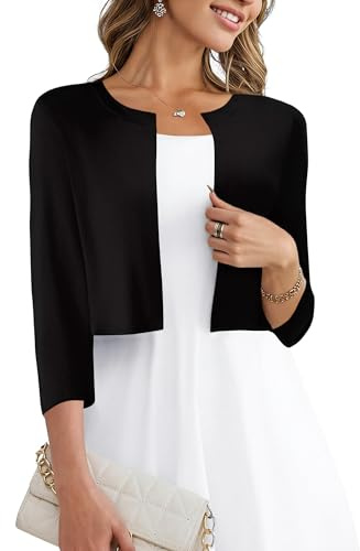 Magritta Women Cardigans Sweaters Casual Bolero Shrugs Summer Jacket Lightweight 3/4 Sleeve Open Front Cropped Short Cardigan for Dresses Black X-Large, 18-20
