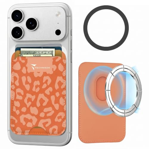Techmade Väskor kompatibel med iPhone, medföljande adapterring, utrymme för 3 kort eller kontanter, snabbextraktionssystem, RFID-blockering, i veganskt läder, Avslappnad