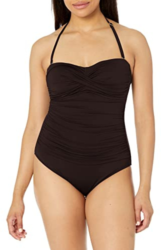 Anne Cole Baddräkt dam, veckad front, bandeau, baddräkt i ett stycke, Svart, 38