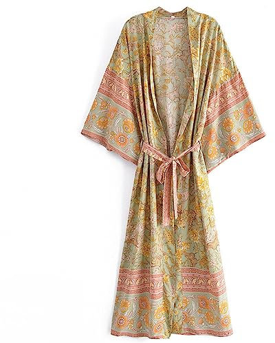 Youllyuu Boho Bademantel Strand Cover Ups Ethno Style Gürtel Lang Maxi Kimono Robe für Damen, 644, 36